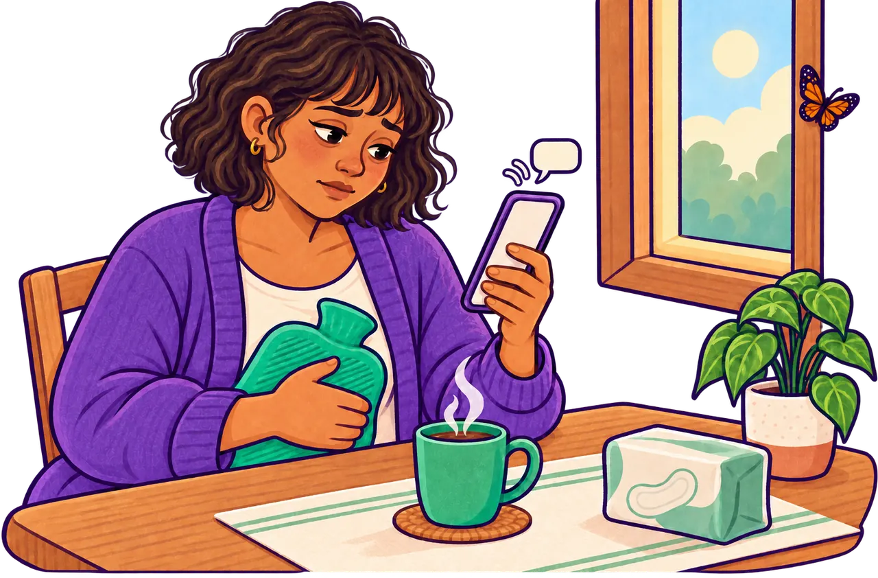 Mujer descansando en su casa con una bolsa de agua caliente, tomando un té y revisando su celular a su propio ritmo