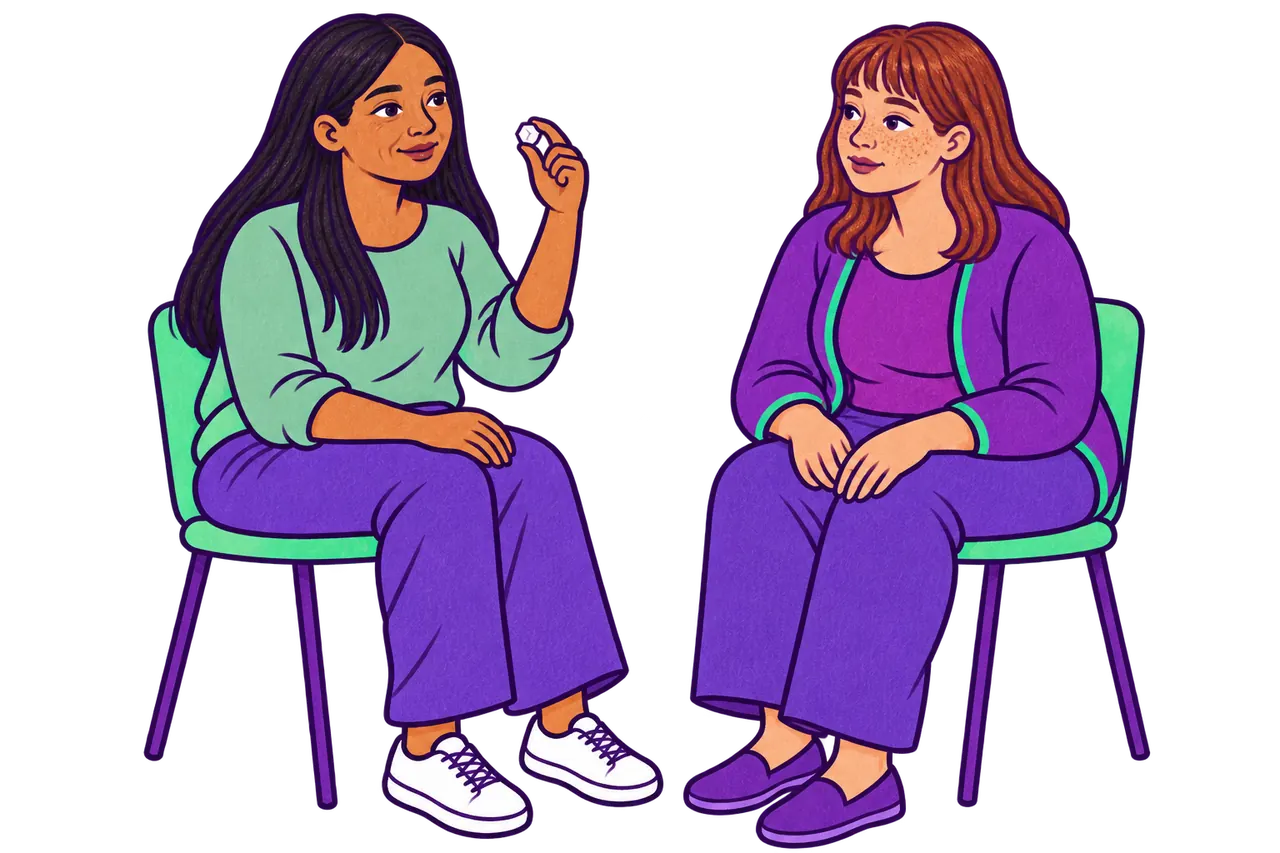Dos personas conversando de forma serena, una de ellas con material informativo
