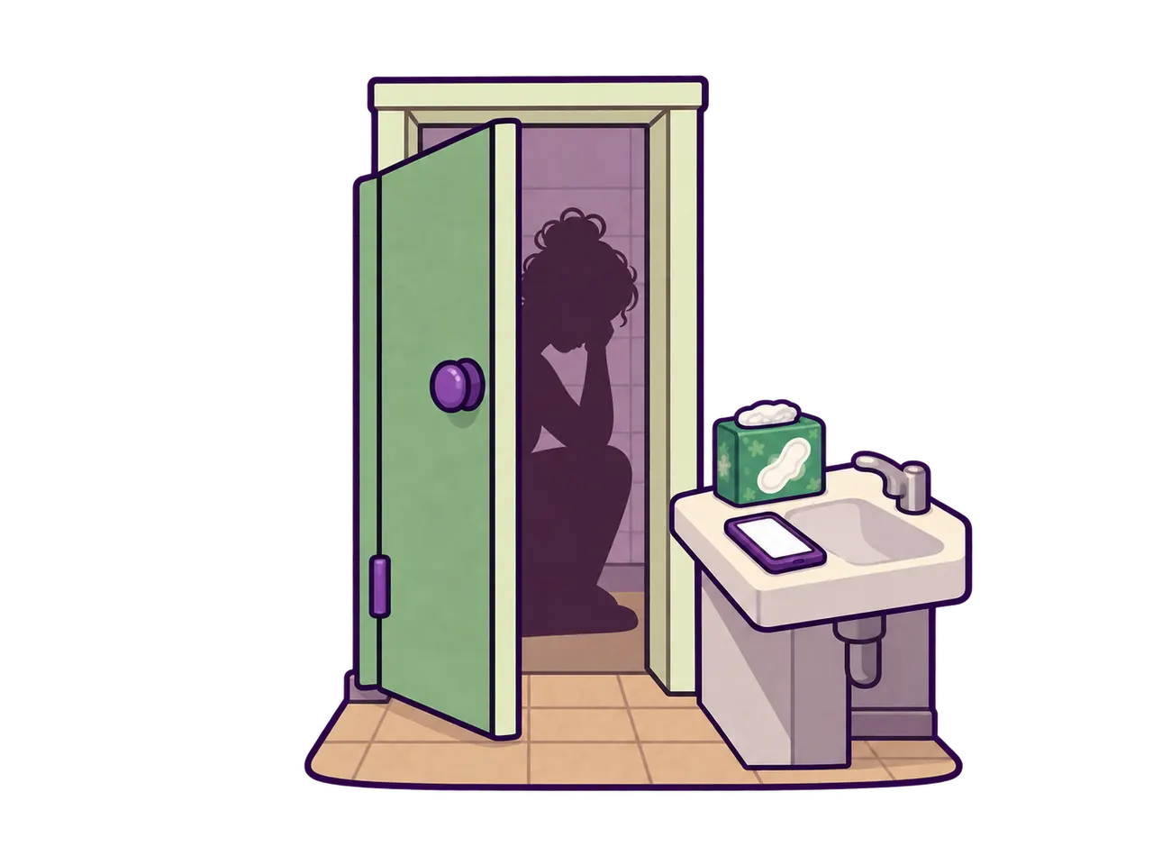 Puerta entreabierta del baño; se ve la silueta de una persona sentada, toallas sanitarias y un celular.